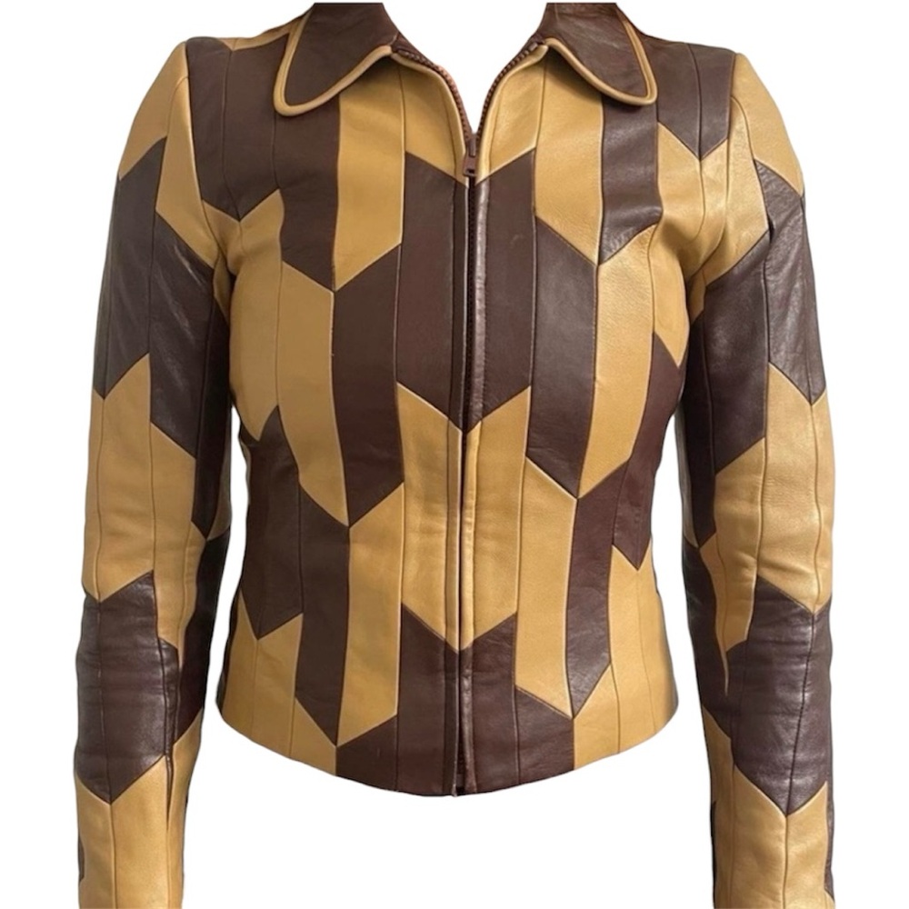 Vintage 70s Style Geometric Leather Jacket – Brown & Tan Zip-Up, UK 8/ US 4